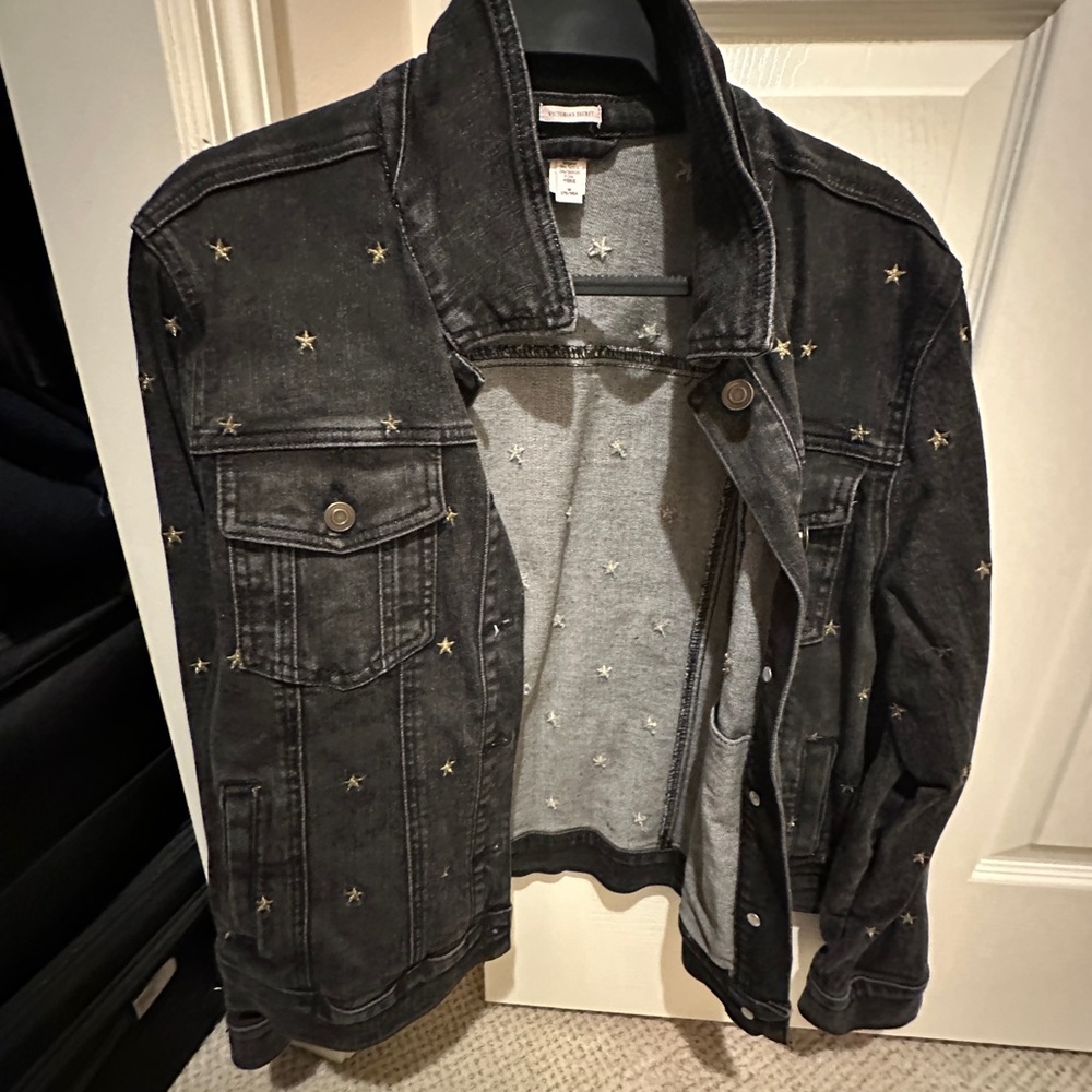 Black Denim Jacket with Star Embroidery